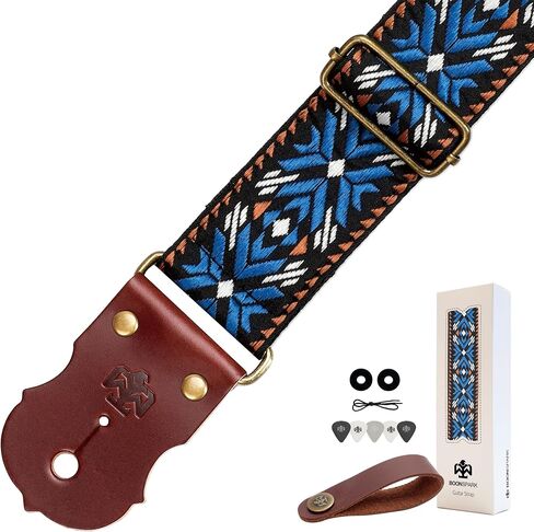 Guitar Strap, Jacquard Embroidery Guitar Straps with Top Real Cowhide Ends Guitar Straps for Electric,Bass and Acoustic Guitars(Black & White Vintage) in Kuwait