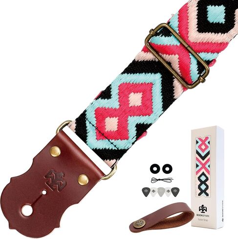 Guitar Strap, Jacquard Embroidery Guitar Straps with Top Real Cowhide Ends Guitar Straps for Electric,Bass and Acoustic Guitars(Black & White Vintage) in Kuwait