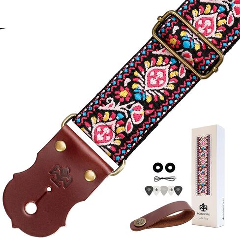 Guitar Strap, Jacquard Embroidery Guitar Straps with Top Real Cowhide Ends Guitar Straps for Electric,Bass and Acoustic Guitars(Black & White Vintage) in Kuwait