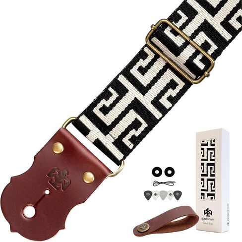 Guitar Strap, Jacquard Embroidery Guitar Straps with Top Real Cowhide Ends Guitar Straps for Electric,Bass and Acoustic Guitars(Black & White Vintage) in Kuwait