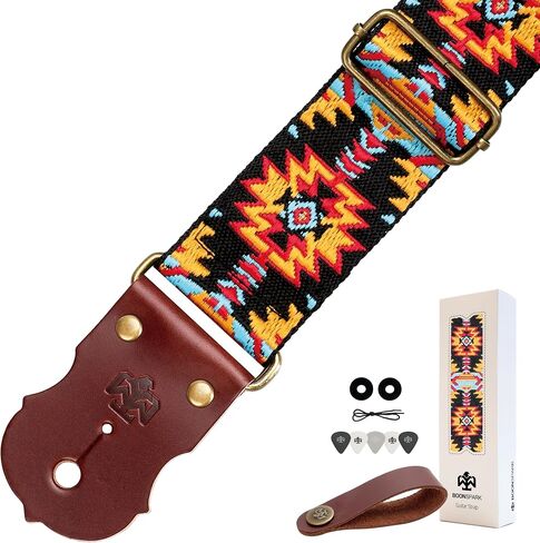 Guitar Strap, Jacquard Embroidery Guitar Straps with Top Real Cowhide Ends Guitar Straps for Electric,Bass and Acoustic Guitars(Black & White Vintage) in Kuwait