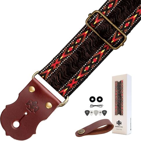Guitar Strap, Jacquard Embroidery Guitar Straps with Top Real Cowhide Ends Guitar Straps for Electric,Bass and Acoustic Guitars(Black & White Vintage) in Kuwait
