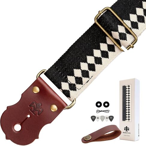 Guitar Strap, Jacquard Embroidery Guitar Straps with Top Real Cowhide Ends Guitar Straps for Electric,Bass and Acoustic Guitars(Black & White Vintage) in Kuwait