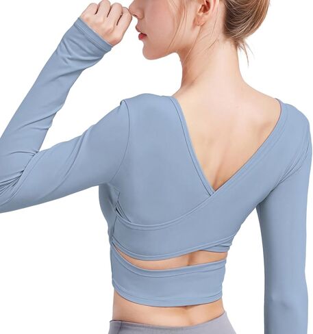 Yoga Tops for Women, V-Back Hollow Design, Workout Long Sleeve Tops, Soft Nylon Spandex Fabric, Long Sleeve Undershirt, Seamless, Breathable, Run and Fitness Wear, XXL Blue in Kuwait