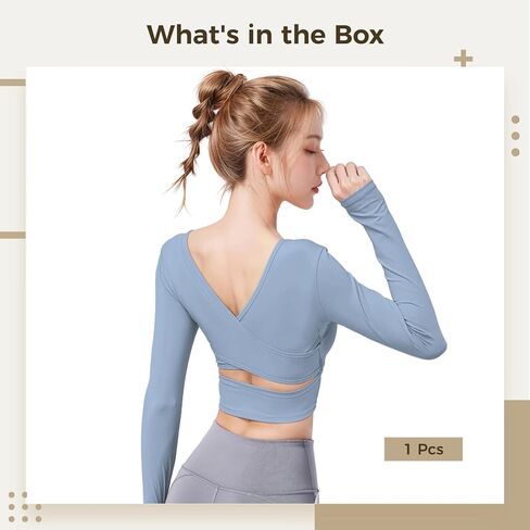 Yoga Tops for Women, V-Back Hollow Design, Workout Long Sleeve Tops, Soft Nylon Spandex Fabric, Long Sleeve Undershirt, Seamless, Breathable, Run and Fitness Wear, XXL Blue in Kuwait