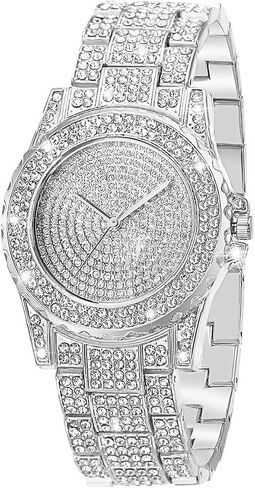 ManChDa Silver Watch for Women Interior Full Diamond Bling Rhinestone Iced Out Quartz Crystal Stainless Steel Ladies Wrist Watch in Kuwait