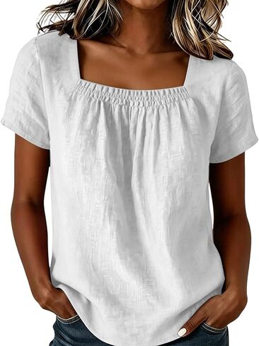Womens Cotton Linen Smocked Square Neck Top | Womens Short Sleeve Dressy Casual Blouses Summer Gauze Tops Loose Lightweight Tees Solid Color Pleated Shirt for Going Out in Kuwait