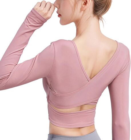 Yoga Tops for Women, V-Back Hollow Design, Workout Long Sleeve Tops, Soft Nylon Spandex Fabric, Long Sleeve Undershirt, Seamless, Breathable, Run and Fitness Wear, XXL Pink in Kuwait