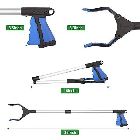Grabber Reacher Tool,32 Inch Extra Long Steel Foldable Pick Up Stick with Strong Grip Magnetic,360°Rotating,Hand Grabber for Reaching, Foldable Claw Pick Up Stick, Long Arm Extender(Blue) in Kuwait