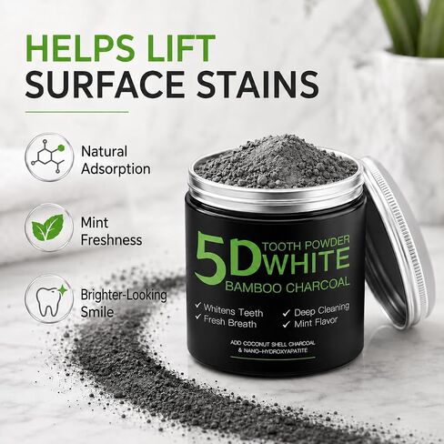 Bamboo Charcoal Whitening Tooth Powder with Hydroxyapatite, Stain Removal & Enamel Support, Natural Fluoride Free Teeth Whitening Powder for Adults, 1.76 oz in Kuwait