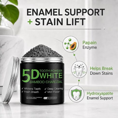 Bamboo Charcoal Whitening Tooth Powder with Hydroxyapatite, Stain Removal & Enamel Support, Natural Fluoride Free Teeth Whitening Powder for Adults, 1.76 oz in Kuwait