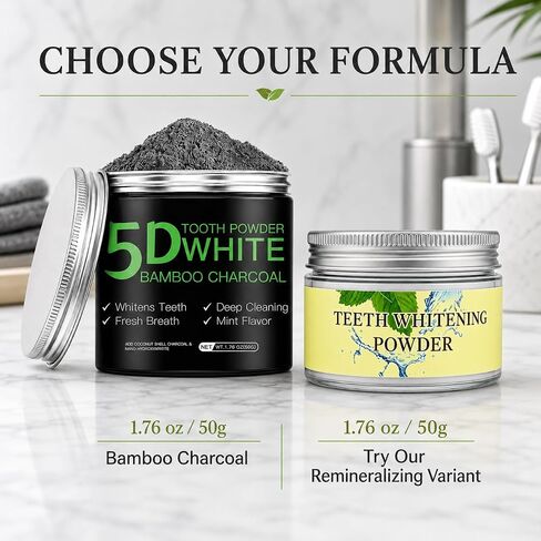 Bamboo Charcoal Whitening Tooth Powder with Hydroxyapatite, Stain Removal & Enamel Support, Natural Fluoride Free Teeth Whitening Powder for Adults, 1.76 oz in Kuwait