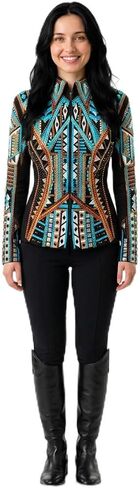 Women’s White & Teal Western Show Jacket – Intricate Crystal Studded Horsemanship Coat – Luxury Equestrian Competition Wear in Kuwait