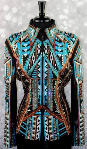 Women’s White & Teal Western Show Jacket – Intricate Crystal Studded Horsemanship Coat – Luxury Equestrian Competition Wear in Kuwait