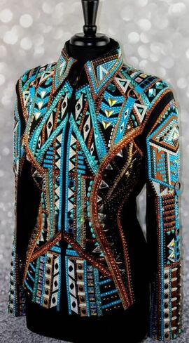 Women’s White & Teal Western Show Jacket – Intricate Crystal Studded Horsemanship Coat – Luxury Equestrian Competition Wear in Kuwait
