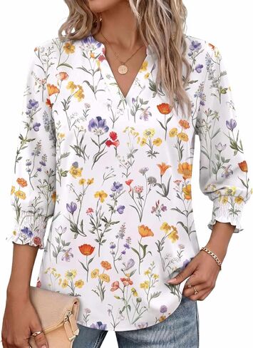 Zeagoo 3/4 Length Sleeve Womens Tops 2025 Floral Womens Blouses V Neck TunicTops with Smocked Cuffs in Saudi Arabia