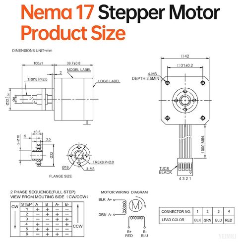 5PCS Nema 17 Stepper Motor TR8x8 100mm T8 Lead Screw 42x39mm 0.44Nm | 42 Step Motor 62.31oz·in 1.8°‌ 1.7A 2.2Ω High Torque 2 Phase Bipolar 4-Lead Cable 1M for 53D Printer DIY Robot CNC Machine in Kuwait