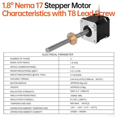 5PCS Nema 17 Stepper Motor TR8x8 100mm T8 Lead Screw 42x39mm 0.44Nm | 42 Step Motor 62.31oz·in 1.8°‌ 1.7A 2.2Ω High Torque 2 Phase Bipolar 4-Lead Cable 1M for 53D Printer DIY Robot CNC Machine in Kuwait