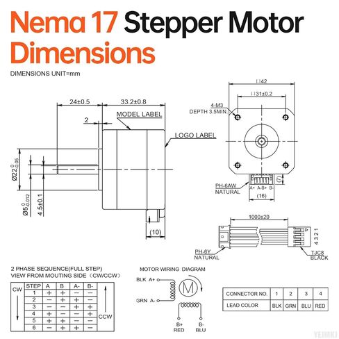3 عبوات Nema 17 محرك متدرج 42 × 34 مم 0.29 نيوتن متر (41.07 أونصة · بوصة) 0.4 أمبير 30 أوم | 42 محرك متدرج ثنائي القطب عزم دوران عالي 2 المرحلة رمح 24 مللي متر φ5 مللي متر 4-كابل رصاص 1 متر للطابعة ثلاثية الأبعاد لتقوم بها بنفسك روبوت ماكينة بتحكم رقمي با in Kuwait