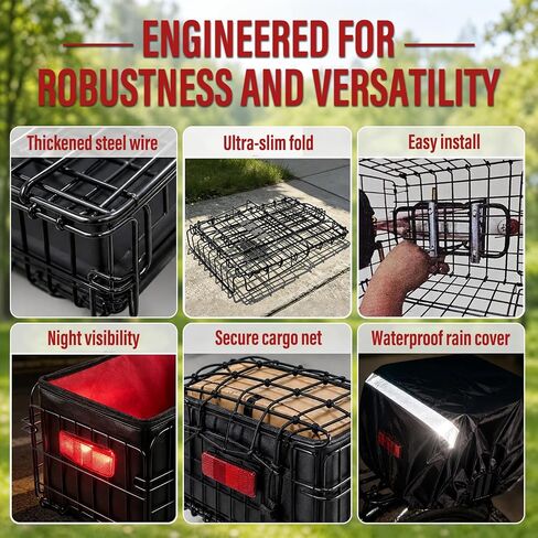 Bike Basket Rear, Folding Bicycle Rack Basket with Removable Liner Bag & Cargo Net, Quick Release Back Cargo Basket for Adult Bikes, Carrying Pets, Groceries and Commuting in Kuwait