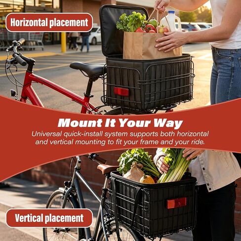 Bike Basket Rear, Folding Bicycle Rack Basket with Removable Liner Bag & Cargo Net, Quick Release Back Cargo Basket for Adult Bikes, Carrying Pets, Groceries and Commuting in Kuwait