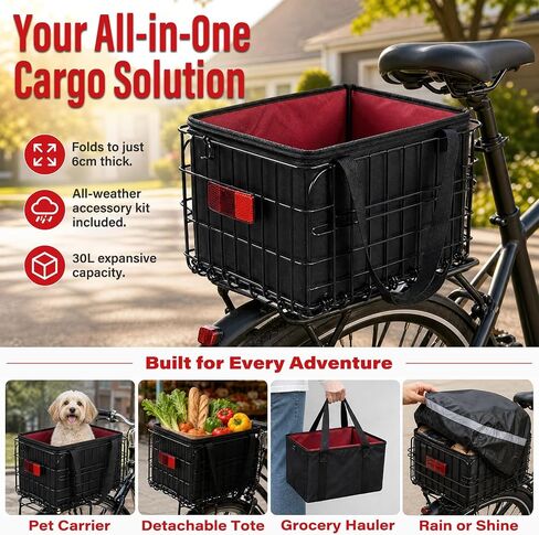 Bike Basket Rear, Folding Bicycle Rack Basket with Removable Liner Bag & Cargo Net, Quick Release Back Cargo Basket for Adult Bikes, Carrying Pets, Groceries and Commuting in Kuwait