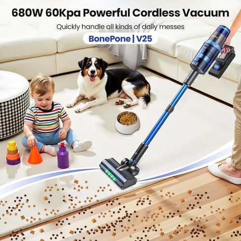 V25 Cordless Vacuum Cleaner, 680W 60Kpa Powerful Stick Vacuum with Dust Sensor, Digital Display, 4000mAh Rechargeable Battery up to 60Mins, Versatile for Pet Hair, Floor, Carpet (Cobalt) in Kuwait