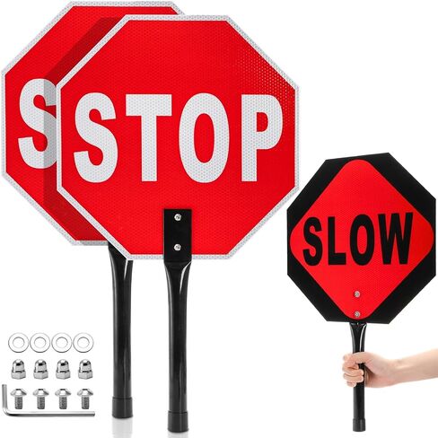 2 Pieces Stop Slow Signs, 13'' Hand Held Stop Slow Signs with Metal Handle, Double Sided Stop Slow Paddles for Flaggers, Crossing Guard, Traffic, Walking, Pedestrian in Saudi Arabia