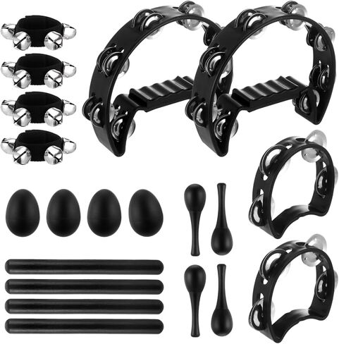 20 Pcs Musical Percussion Instrument Set with Large Tambourine, 4-Bell Tambourine, Maracas, Egg Shakers, Percussion sticks, and Wrist Jingle Bells, Black Plastic Instrument for Bar, Party, Stage in Kuwait
