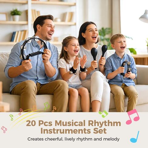 20 Pcs Musical Percussion Instrument Set with Large Tambourine, 4-Bell Tambourine, Maracas, Egg Shakers, Percussion sticks, and Wrist Jingle Bells, Black Plastic Instrument for Bar, Party, Stage in Kuwait