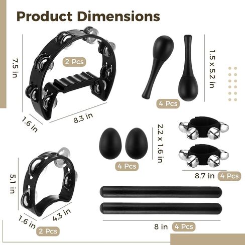 20 Pcs Musical Percussion Instrument Set with Large Tambourine, 4-Bell Tambourine, Maracas, Egg Shakers, Percussion sticks, and Wrist Jingle Bells, Black Plastic Instrument for Bar, Party, Stage in Kuwait