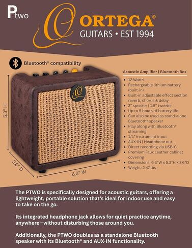Ortega Guitars PTWO Bundle 12-Watt Bluetooth® Pocket Acoustic Amplifier with Built-In Effects w/Pro gig bag (PTWO-BU) in Kuwait