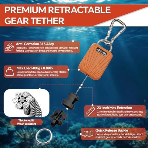 nitescuba Scuba Gear Retractable Gear Tethers, Heavy-Duty Dive Clip Lanyard with 316 Stainless Steel Snap Hook, Split Ring and 58cm (22.83″) Quick-Release Extension Cord for Dive Light & Camera-orange in Kuwait