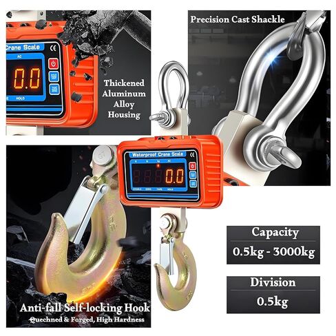 3000kg/6600lbs Digital Crane Scale, Waterproof Industrial Scale, Rechargeable Hanging Scale with Remote Shackle & Hook, Division 0.5kg, LED Display, KG/LBS/N in Kuwait