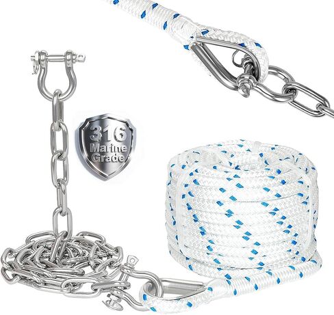 3/8" Boat Anchor Rope 150 FT with 316 Stainless Steel Anchor Chain 3/16" x 6 FT, 1/4" Anti-Off Shackles and 3/8" Thimble, Anchor Rode for Mooring, Boats Pontoon, Deck, Fishing, Sail in Kuwait