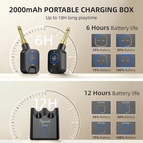 POGOLAB Wireless Guitar System 5.8GHz with Charging Box, Wireless Transmitter Receiver with 6.35mm/3.5mm 2-in-1 plug, 6 Channels, 18H Total Battery Life, for Electric Guitars, Bass in Kuwait