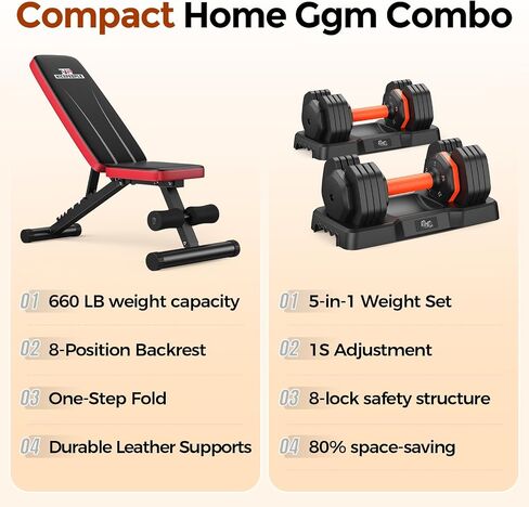 NICEPEOPLE 2 in 1 Weight Bench & Dumbbell Sets for Home Gym, 660LBS Capacity Workout Bench with Adjustable Dumbbell Set of 2, 25LBS Pair (Total 50LBS) with Storage Box for Full Body Workouts in Kuwait