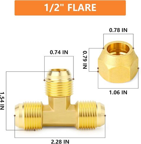 GASHER 2 قطعة من النحاس 3 اتجاهات أنبوب تركيب محول الأنابيب، 1/2 بوصة × 1/2 بوصة × 1/2 بوصة تركيبات أنابيب مضيئة مع صامولة مضيئة 1/2 بوصة in Kuwait