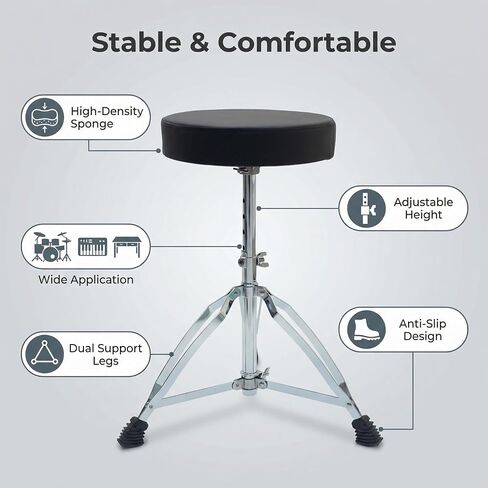 Drum Stool Drum Throne, 5-Level Height Adjustable 16.9-20.9in | 2.4in Thick Cushion, Stable Tripod, Non-Slip Feet, For Adult & Kid in Kuwait
