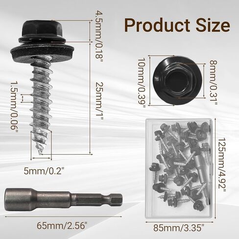 Biaungdo 30 Pack Metal Roofing Screws #10 × 1 Inch, Hex Head Sheet Roof Screws with EPDM Washers with 8mm Hex Socket, Self Starting Metal to Wood Siding Screws, Black in Kuwait