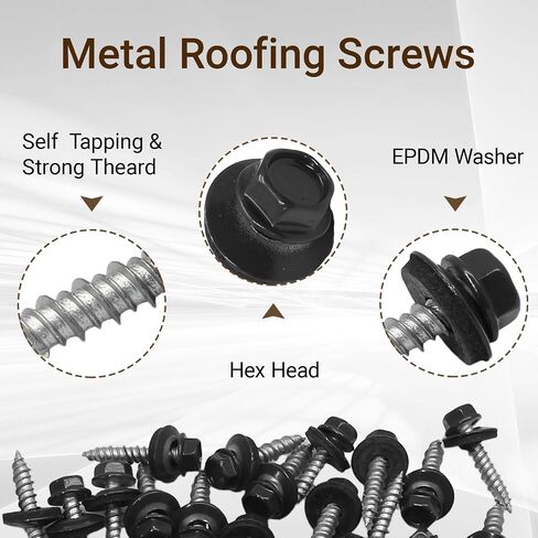 Biaungdo 30 Pack Metal Roofing Screws #10 × 1 Inch, Hex Head Sheet Roof Screws with EPDM Washers with 8mm Hex Socket, Self Starting Metal to Wood Siding Screws, Black in Kuwait