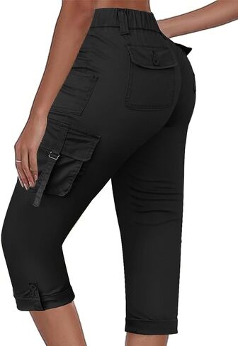 Flamingals Women's Straight Leg Mid Waist Capris Hiking Shorts Stretch with Cargo Pockets Outdoor Summer Short Pants in Kuwait