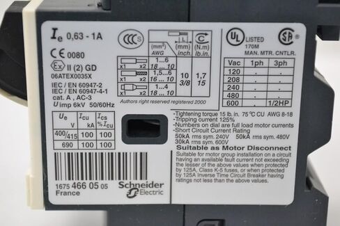 Telemecanique GV2ME05 Motor Protector, 0.63-1.0A, 3P, 600V in Kuwait
