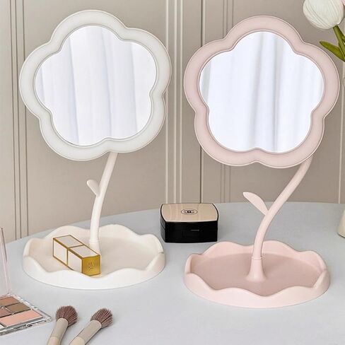 Floral Vanity Mirror with Jewelry Tray - 7.5" Adjustable Makeup Mirror, Boho Home Decor for Dresser/Desk, Bridesmaid Gift & Aesthetic Instagram Decor (Matte White) in Saudi Arabia