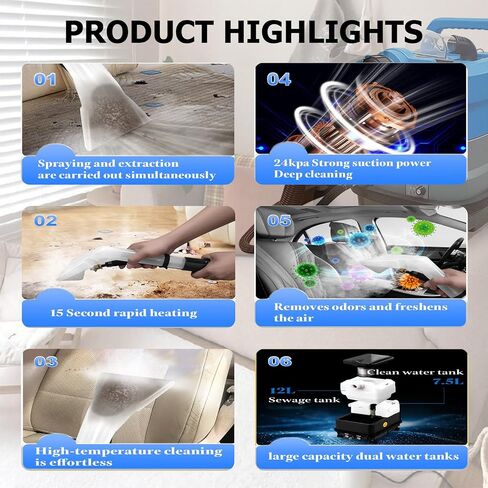 Commercial Heated Carpet and Furniture Cleaning Machine, Equipped with a 7.5L Cleaning Water Tank and a 12L Removable Wastewater Tank, and Can Deeply Clean Carpets, Sofas, Car Seats, Stairs, Etc in Kuwait