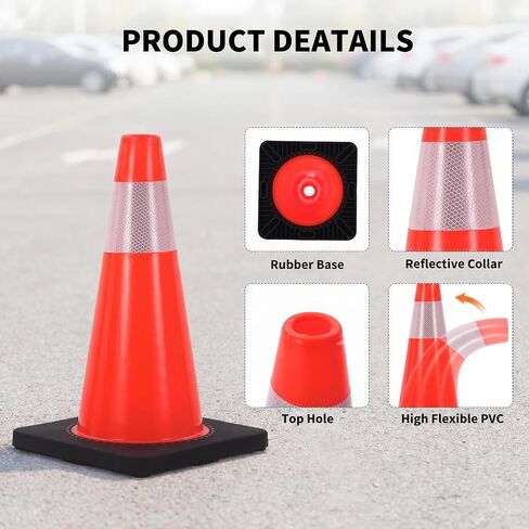 6-Pack 18" Traffic Cones with Reflective Collars & Weighted Base, Parking Safety Cones for Road Parking Lot, Construction, Orange, Road and Sports Training, Orange in Kuwait