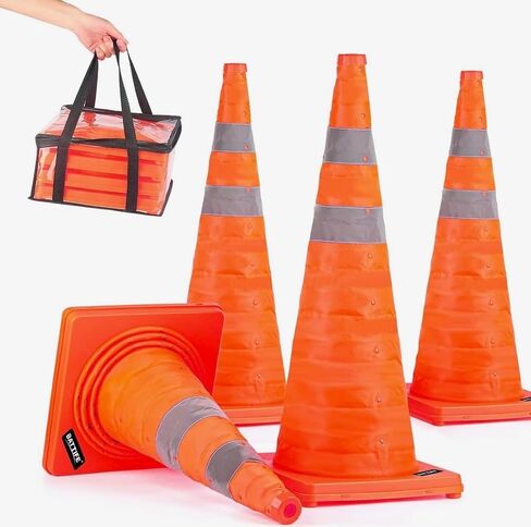 Collapsible Traffic Safety Cones with Reflective Strips, 28 Inch Orange Construction Cones with Carrying Case, 4 Pack in Kuwait