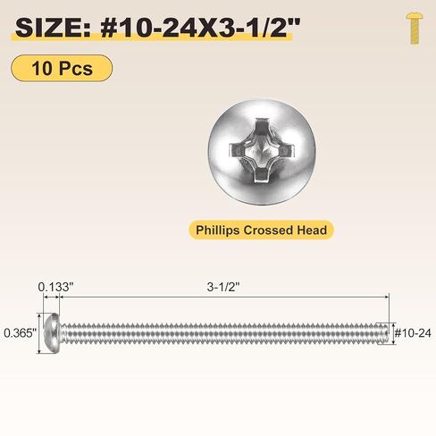 METALLIXITY Phillips Pan Head Machine Bolts (#10-24x3-1/2) 10Pcs, 304 Stainless Steel Pan Head Mounting Screws - for Household Equipment Machinery DIY Fasten, Silver Color in Kuwait