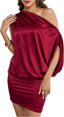 OYOANGLE Women's Off Shoulder Silky Satin Bodycon Dress Pleated Elegant Cocktail Mini Dresses in Saudi Arabia