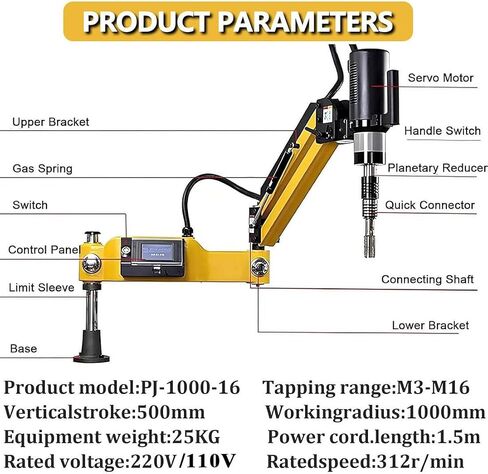 600W Electric Tapping Machine, M3-M16 High Torque Threading Tool, 360° Rotatable Tapping Arm with 8PCS Collets, for Metalworking, DIY, CNC,Industrial Tapping in Kuwait